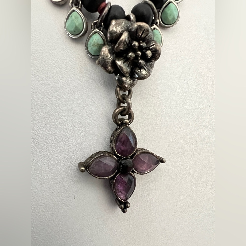 Lucky Brand Beaded Necklace Floral Charm Silver Tone Purple Bohemian - Picture 5 of 14